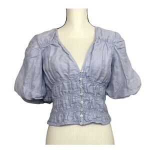 FRAME Size Small Light Blue Smocked Puff Sleeve Julianne Blouse Cotton Lining